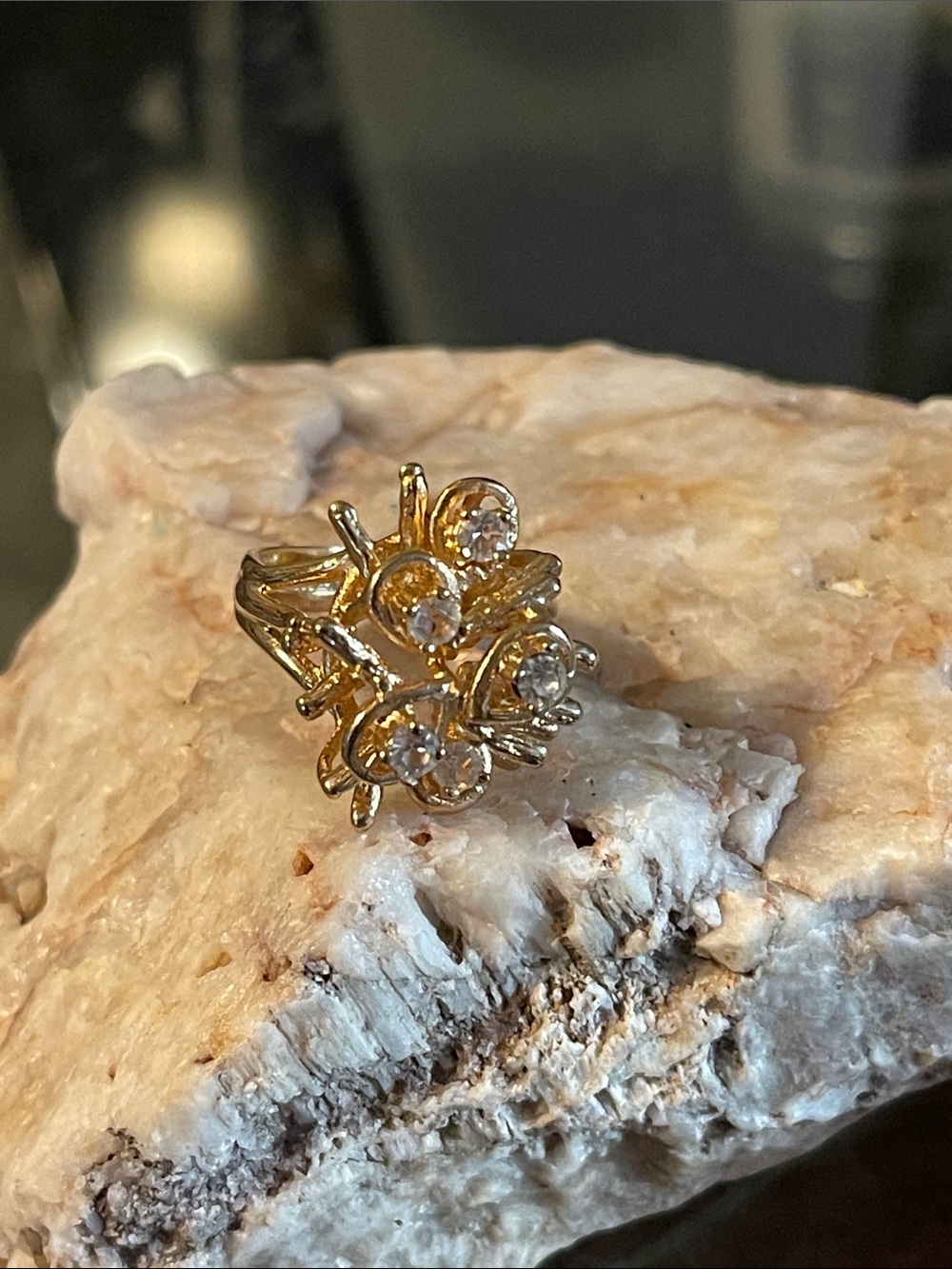 Gold Floral Cluster Ring with Clear Stones - Women Jewelry